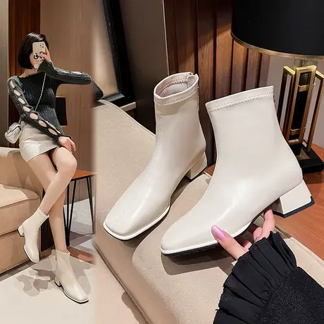 马丁靴女2024秋冬季百搭新款后拉链英伦靴爆款粗跟方头炸街小短靴图片