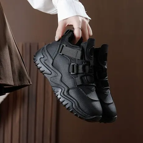 高级感高帮老爹鞋女2023爆款秋冬全黑色皮面运动鞋软底工作鞋防滑商品大图