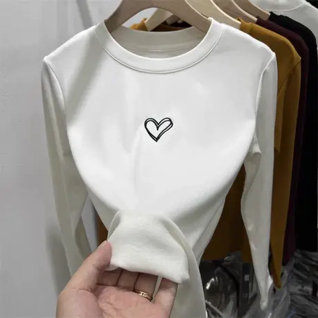 洋气减龄长袖T恤女德绒磨毛打底衫秋冬装修身显瘦爱心刺绣上衣潮商品大图