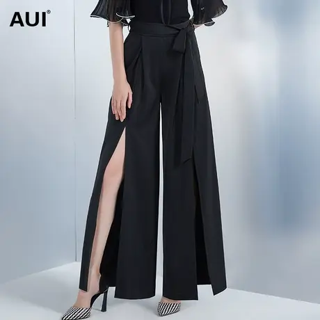AUI设计感小众开叉阔腿裤女夏2023新款欧美风小个子黑色高腰裤子商品大图