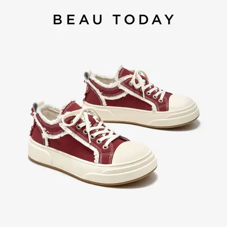 BeauToday红色帆布鞋女秋冬厚底休闲板鞋女2024新款运动休闲鞋女商品大图