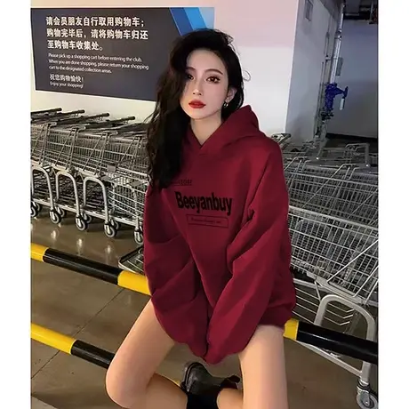 酒红色连帽卫衣女秋冬款2024新款美式加绒加厚oversize宽松外套女商品大图