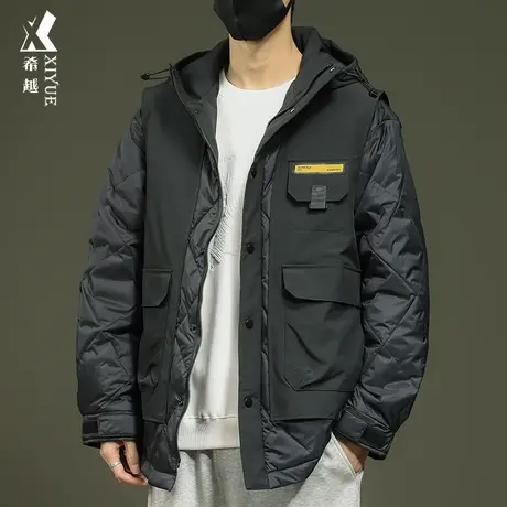 希越新国标鸭绒假两件羽绒服冬季户外三防高级感宽松大码男士外套商品大图