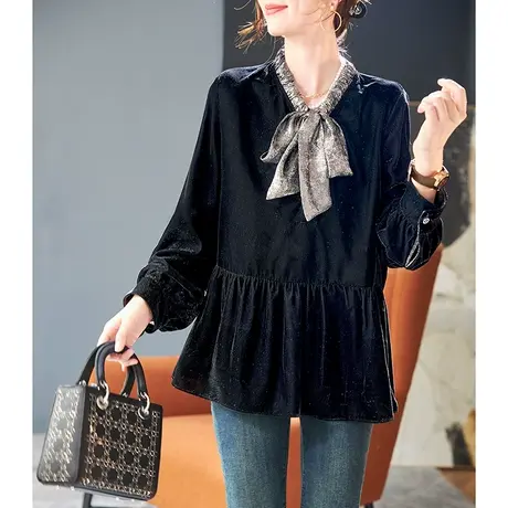 宝诗黎拼接系带圆领亮丝丝绒小衫2025秋季新款长袖休闲套头上衣女商品大图