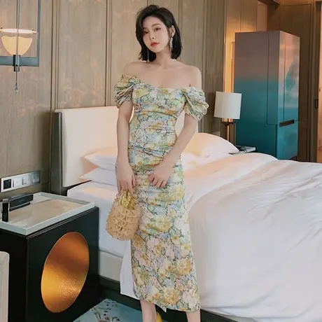 一字肩性感小雏菊碎花连衣裙包臀长款修身露背小礼服平时可穿夏季商品大图