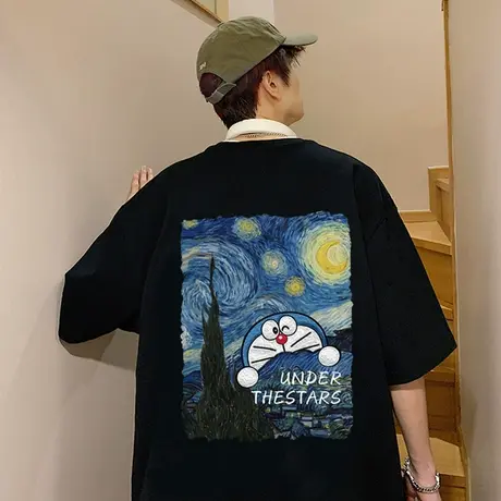 潮牌星空印花纯棉短袖T恤男夏季cityboy卡通美式黑色情侣款上衣服商品大图