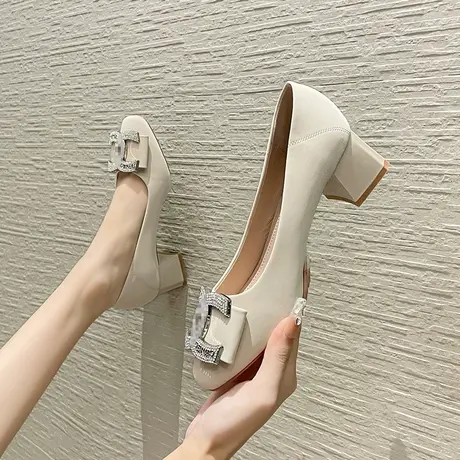 高跟鞋女2024新款春秋一脚蹬方头水钻法式晚风粗跟单鞋通勤工作鞋图片