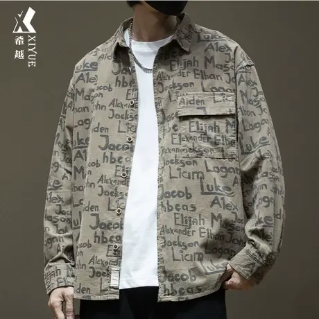 希越美式休闲衬衫男2024春季新款宽松大码满印翻领夹克纯棉外套潮商品大图