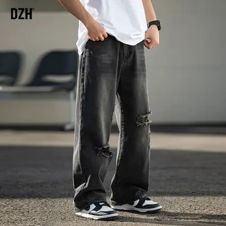 男士美式破洞牛仔裤男春秋款直筒宽松休闲裤子男款长裤2024年新款图片