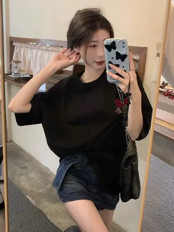 龙年黑色短袖T恤女夏季新款2024重磅纯棉半袖宽松情侣打底上衣ins商品大图
