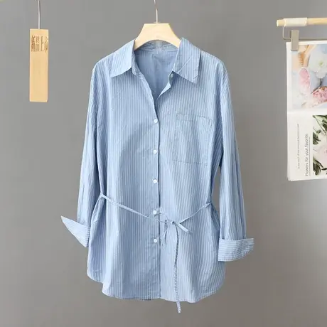 蓝色条纹系绳腰带中长款衬衫女春秋韩版宽松衬衣2024春季新款上衣图片