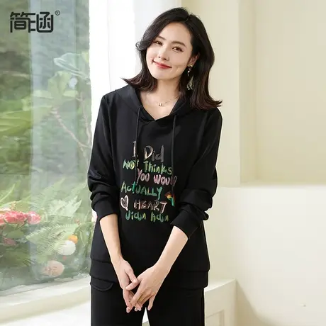 简涵大码女装黑色连帽卫衣春季新款宽松休闲洋气显瘦减龄印花上衣商品大图