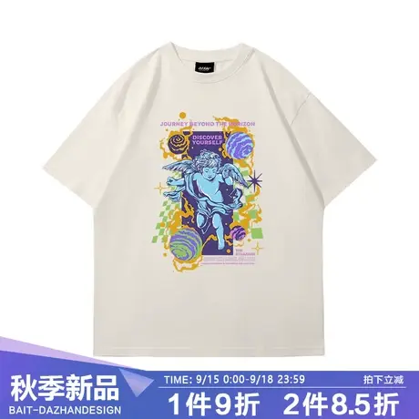 美式高街嘻哈小天使短袖t恤男女加肥特大码胖子宽松纯棉情侣上衣商品大图