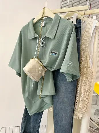 华夫格设计感polo领绑带短袖t恤女夏季新款宽松小众别致独特上衣商品大图