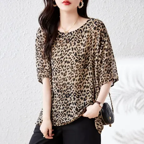 豹纹短袖雪纺衫女夏季薄款宽松加大码女装中年妈妈休闲遮肚半袖衫图片