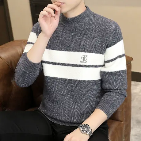 潮牌拼色毛衣男秋冬季半高领加厚青少年刺绣保暖上衣服打底针织衫商品大图