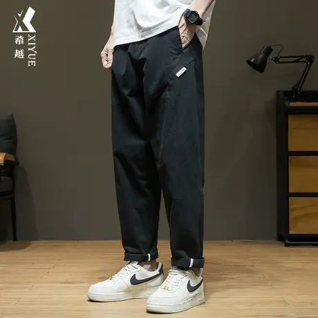 希越纯棉薄款锥形裤男2024春季新款宽松大码黑色直筒休闲九分长裤商品大图