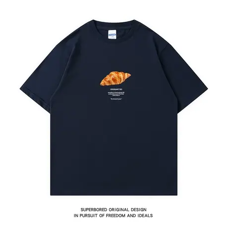 夏季潮牌简约趣味牛角包印花短袖t恤男纯棉宽松休闲半袖体恤衫图片