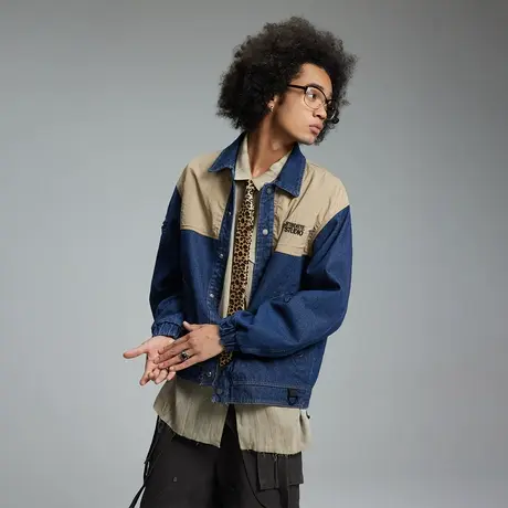 街头潮牌拼接牛仔外套男春秋2024年季新款美式复古情侣装宽松夹克商品大图
