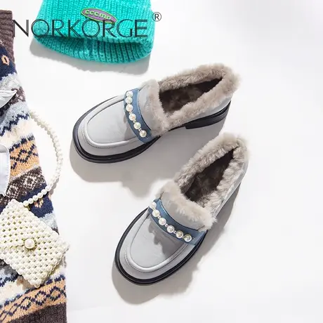 原创新款冬手工复古文艺灰蓝色羊毛乐福鞋女鞋真皮方头毛毛鞋单鞋图片