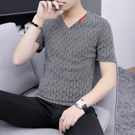 男士短袖t恤V领韩版上衣服修身潮流大码夏装外穿体恤男装半袖汗衫商品大图