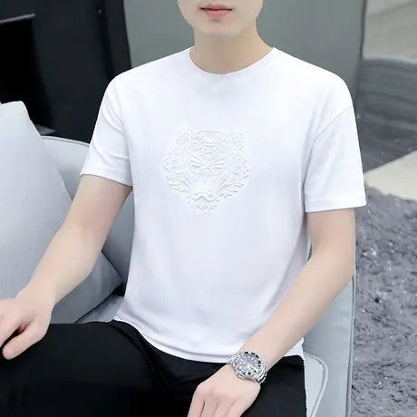 男士t恤短袖虎头2023夏季新款潮流钢印棉感半袖潮牌粉色男装夏装商品大图