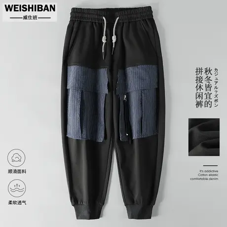 潮牌机能工装束脚裤男春秋季宽松阔腿休闲裤美式设计感拼接哈伦裤商品大图