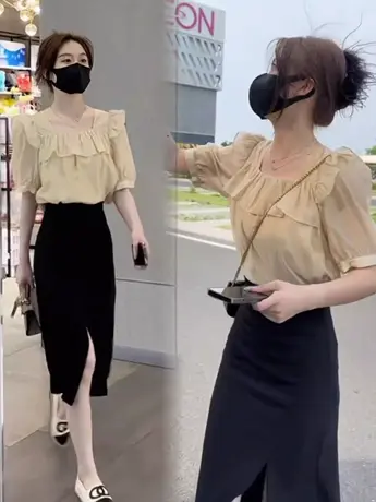 欧货天丝雪纺衫女方领系带上衣2023夏新款荷叶边衬衫洋气漂亮小衫图片