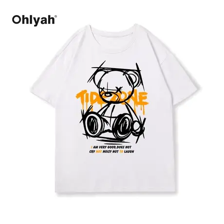 Ohlyah2022夏季复古卡通小熊黑色T恤女宽松短袖百搭纯棉学生体恤商品大图