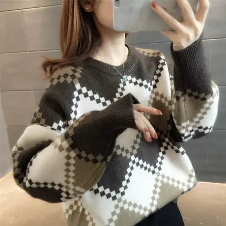 学院风宽松菱格长袖针织毛衣2023秋冬新款打底减龄温柔慵懒风上衣图片