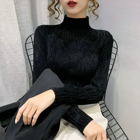 天鹅绒半高领毛衣女套头2023秋冬新款针织衫内搭上衣修身打底衫潮商品大图