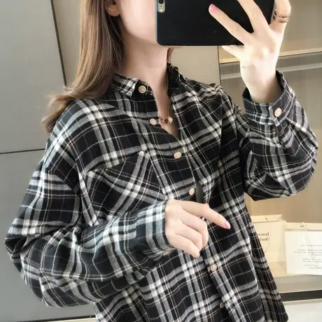 新款春季格子衬衫女设计感小众春秋长袖上衣女士衬衣复古港味图片
