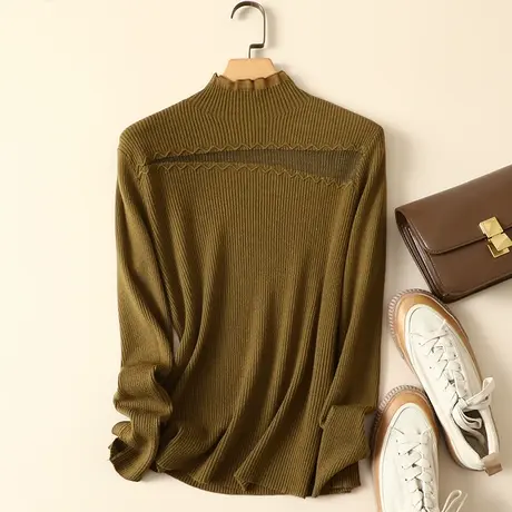 秋装2023年新款蕾丝拼接半高领女士内搭针织显瘦洋气打底衫毛衣女商品大图