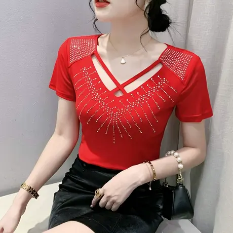 欧货性感V领T恤女短袖时尚洋气镂空上衣修身显瘦网纱小衫烫钻体恤商品大图