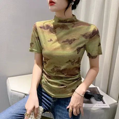 复古印花短袖T恤女初秋2023新款洋气半高领上衣内搭网纱打底衫潮图片
