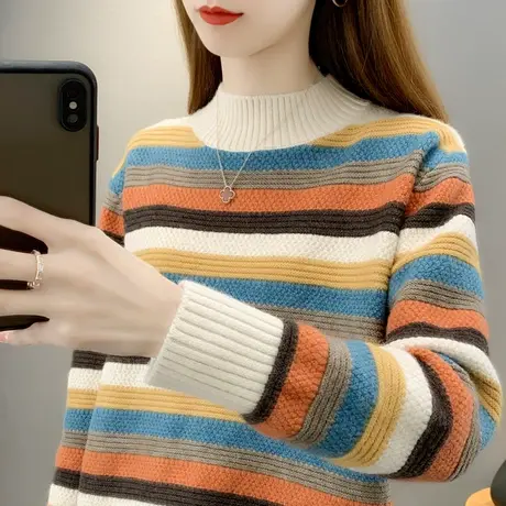 半高领条纹毛衣女冬季2022年新款宽松爆款洋气针织打底衫宽松内搭商品大图
