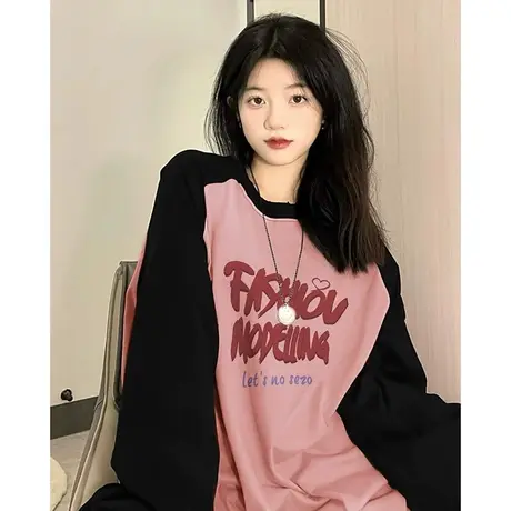 黑粉撞色宽松oversize插肩t恤女2023新款秋冬内搭打底长袖上衣女商品大图