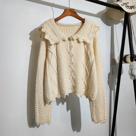 翻领麻花毛衣开衫外套女秋冬新款宽松慵懒风海军领甜美针织衫上衣商品大图