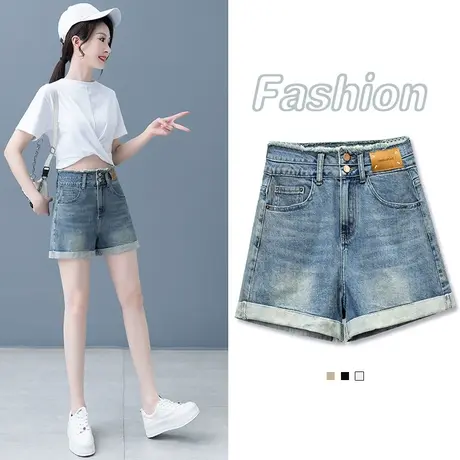 翻边直筒高腰牛仔短裤女士秋季薄款宽松百搭显瘦卷边热裤阔腿裤子商品大图