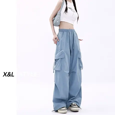 蓝色高腰美式工装裤女秋春秋2023新款设计感宽松直筒阔腿牛仔裤子图片