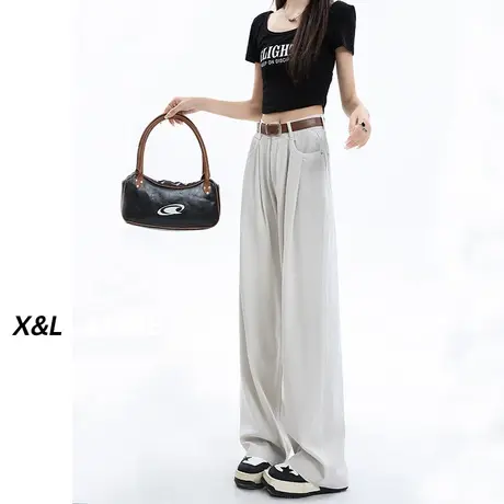 米白色阔腿牛仔裤女春秋装2023新款高腰显瘦宽松垂感直筒拖地裤子图片