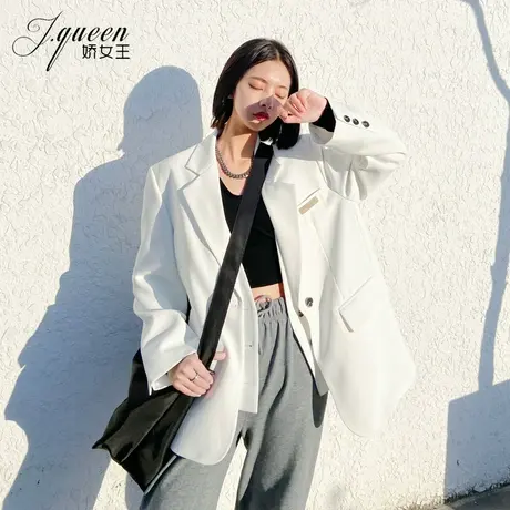 白色西装外套女秋季小众设计感假两件宽松廓形高级感宽肩休闲西服图片