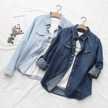 2020春秋季新款韩版百搭显瘦大码水洗薄款牛仔衬衫女休闲长袖衬衣图片