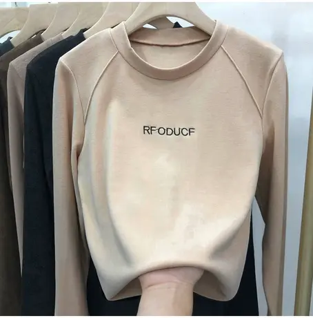 加绒加厚刺绣磨毛德绒保暖打底衫女装2023秋冬季新款长袖T恤上衣商品大图