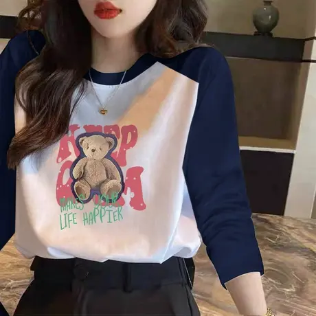 长袖插肩袖撞色小熊印花上衣2022秋冬圆领宽松纯棉加厚磨毛T恤女商品大图