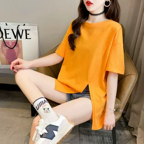 网红ins短袖t恤女夏韩版宽松中长款不规则开叉设计感小众上衣服潮商品大图