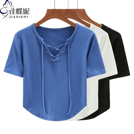 夏季新款韩版抽绳修身纯棉纯色短款纯欲短袖体恤上衣内搭女打底衫商品大图