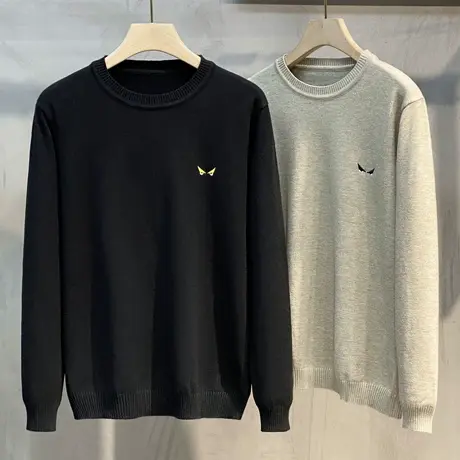 2023秋冬新款圆领毛衣男士小标刺绣针织衫韩版套头打底衫加绒加厚商品大图