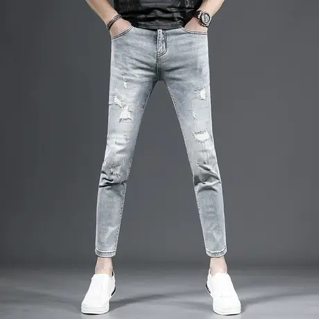 2023新款破洞九分牛仔裤男修身小脚裤浅蓝色烂洞补丁帅气男士裤子商品大图