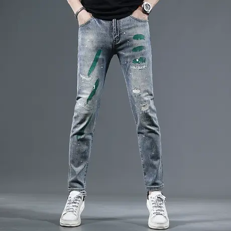 高端破洞补丁牛仔裤男2023新款夏季修身小脚男士弹力蓝色薄款裤子商品大图